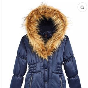 NWT Rothschild Girls Kids Navy Blue Puffer Jacket with Faux Fur Trim | 10/12